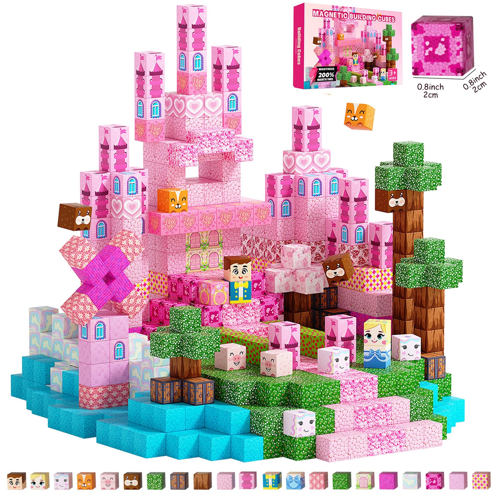 Magnetic Building Blocks 100/150/200pcs – Pink Princess Castle Magnetic Tiles Set with Magnetic Cubes | STEM Montessori Sensory Toys for Girls Age 3+, Large Safe Magnetic Blocks for Spatial Thinking & Creative Play | Christmas Birthday Gift