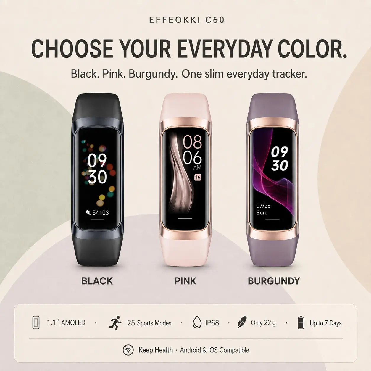 EFFEOKKI 1.1" AMOLED Smart Digital Fitness Tracker for Women Men, 25 Sports Modes with IP68 Waterproof, Stopwatch, Message Alerts, Pedometer Step Counter, 120mAh Battery, TPU Strap, Compatible with iPhone & Android Phone
