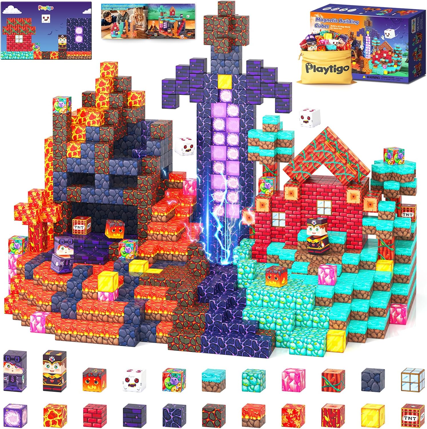 200PCS Magnetic Blocks Toys with Storage Bag Magnetic Board Sensory Toys Stacking Blocks, Build Mine Magnet World Birthday Gifts