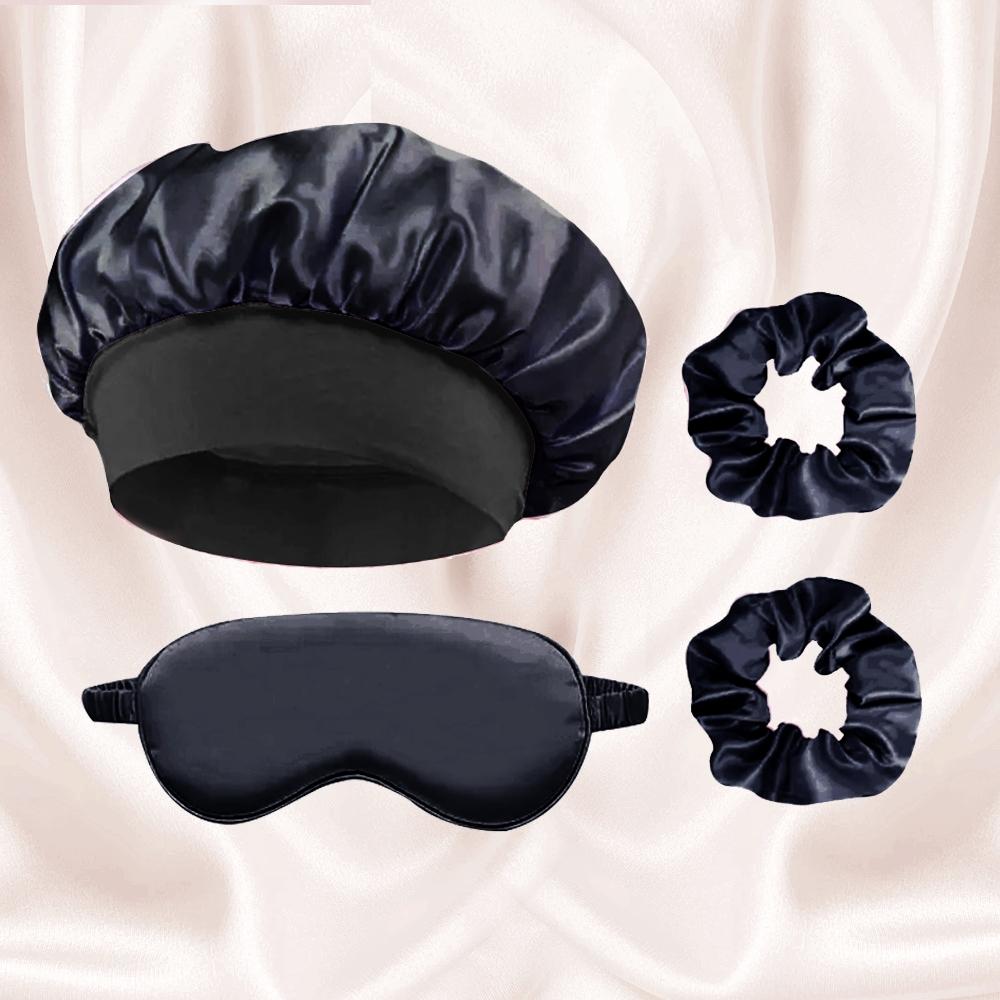 Sleep Mask and Hair Care Tool Set, Satin Sleep Cap, Soft Sleeping Eye Mask, 2 Hair Scrunchies, Alcohol-Free, Ideal for Travel & Home Use