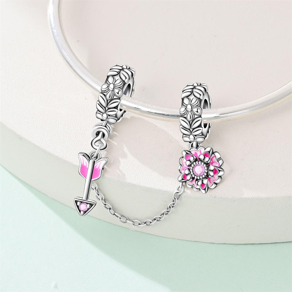 Single Piece Flower Safety Chain Charm, Dragonfly Cherry Blossom Arrow Design, Botanical Floral Jewelry for Pandora Bracelet