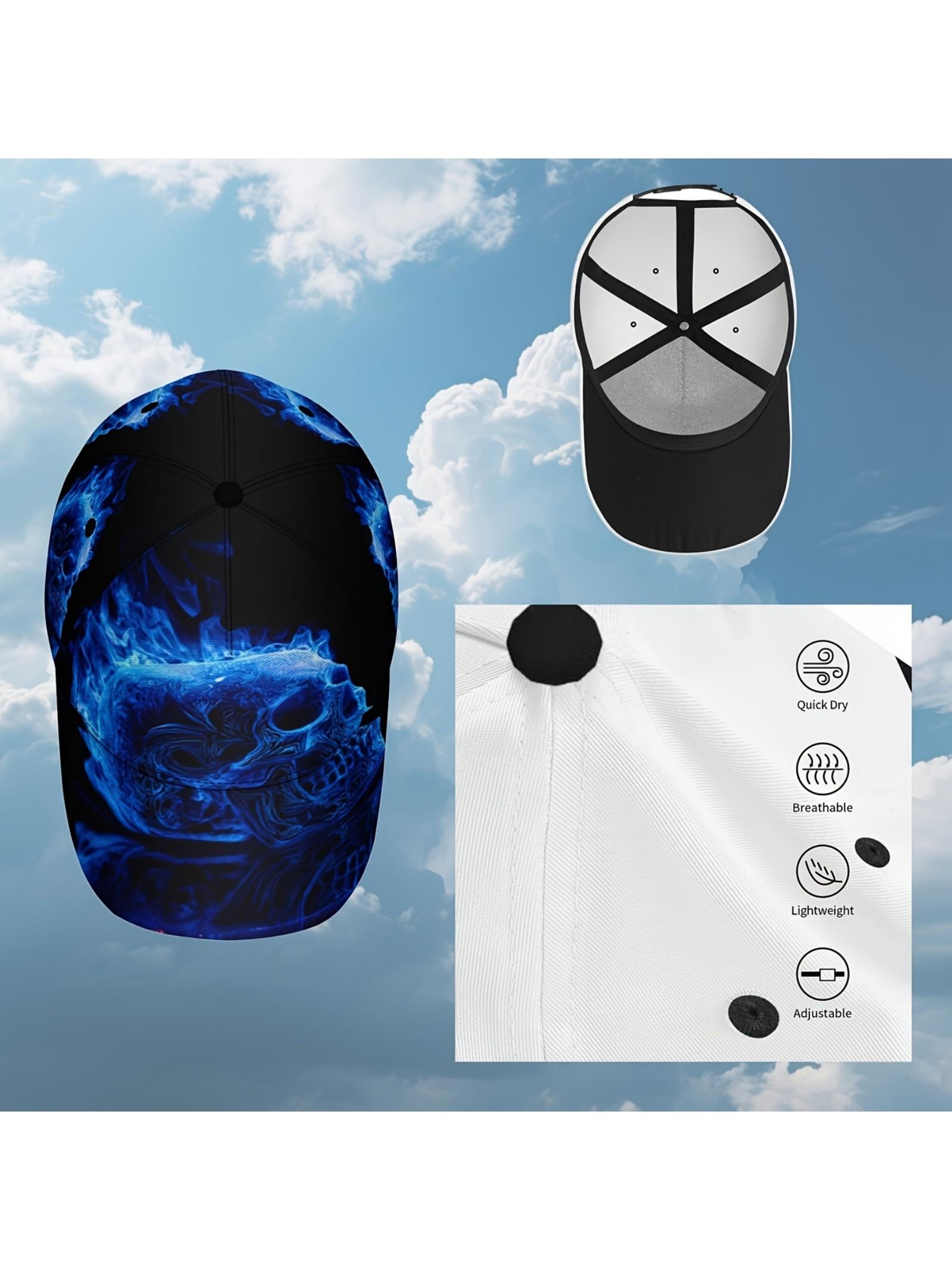 Adjustable Baseball Cap, Blue Flame Skull Print, Lightweight Polyester, Foldable Breathable, Unisex Casual Hat