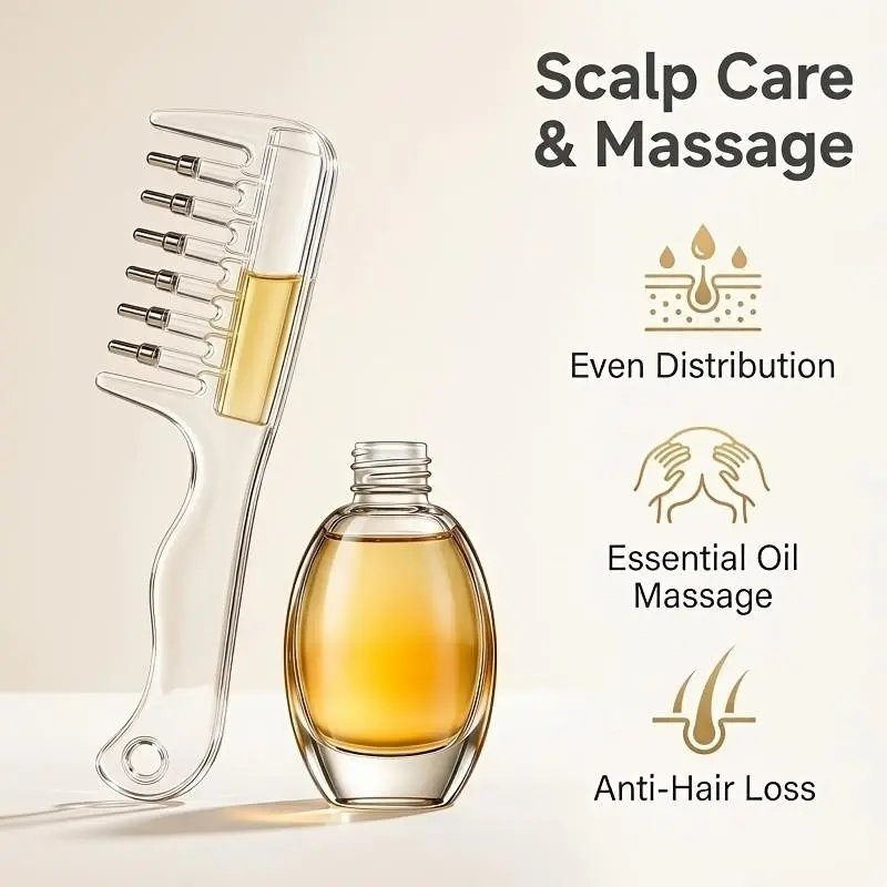 Transparent Liquid Dispensing Comb, Roller Ball Metal Teeth, Even Liquid Distribution, Scalp Care, Beard Grooming, Portable Hair Brush