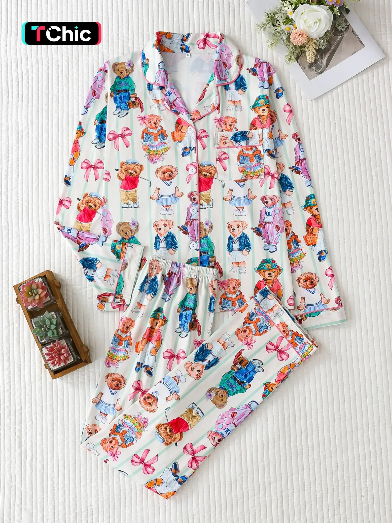 2 Piece Retro College Style Pajama Set, Bear Print Long Sleeve Top and Loose Pants, Cute Comfortable Women's Sleepwear Loungewear