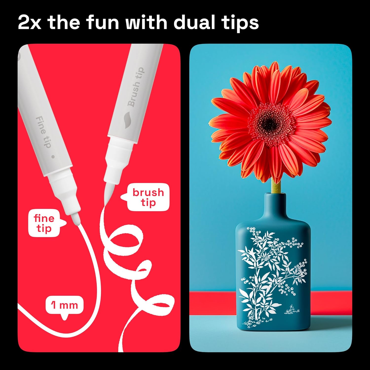 2 White Dual-Tip   Pens - Multisurface Markers for Glass, Rock, Fabric, , Plastic &  - 1 mm Fine & Brush Tips
