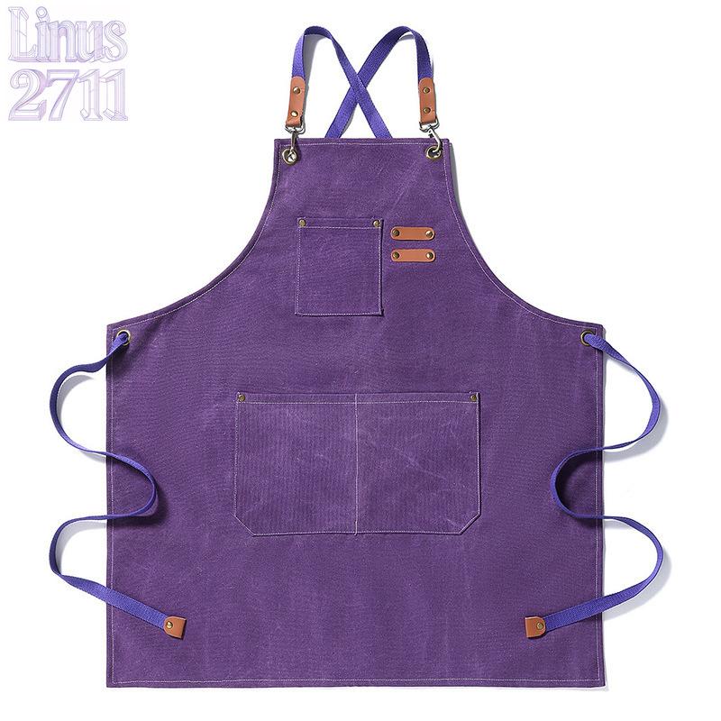 Cotton Canvas Cross Back Work Apron Leather Adjustable Strap Multi Pocket Oil Resistant Kitchen Coffee Shop Gardening Artist Unisex Custom Logo Blank Apron