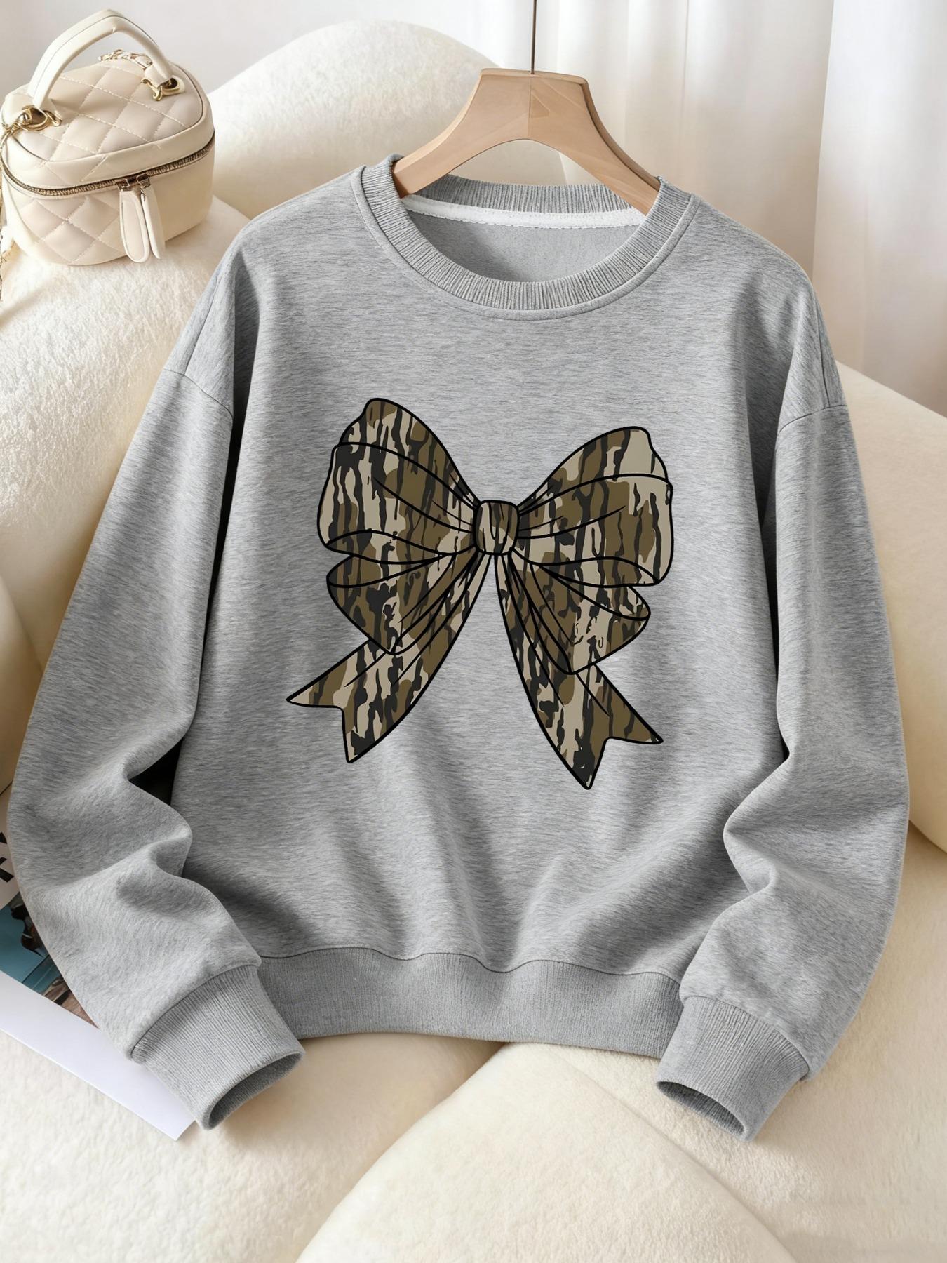Women's Camo Bow Print Loose Fit Round Neck Sweatshirt, Fall & Winter Sporty Style, Casual Camouflage Pullover Top