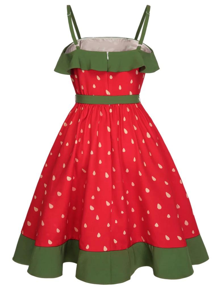 Plus Size Cute Strawberry Dress Aesthetic Summer Look with Bow and Ruffle Trim Sleeveless Vintage Style Retro Stage Boho Bohemian Casual Casual Wear