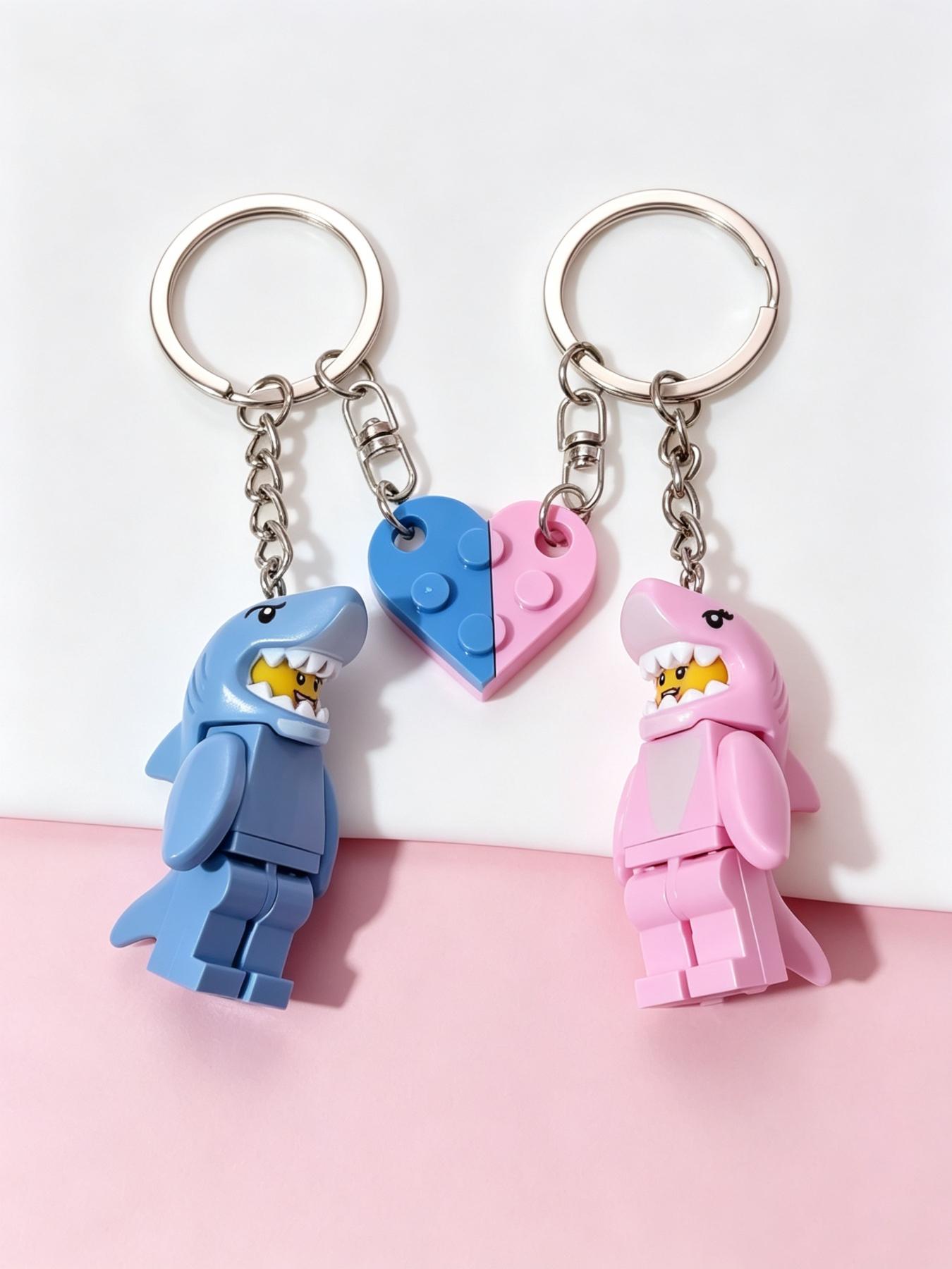 Puzzle Shark Couple Keychain, Blue Heart Half-Puzzle Keychain, Cute Love Accessory, Friendship Keychain Gift, Casual Style, Couple Key Ring