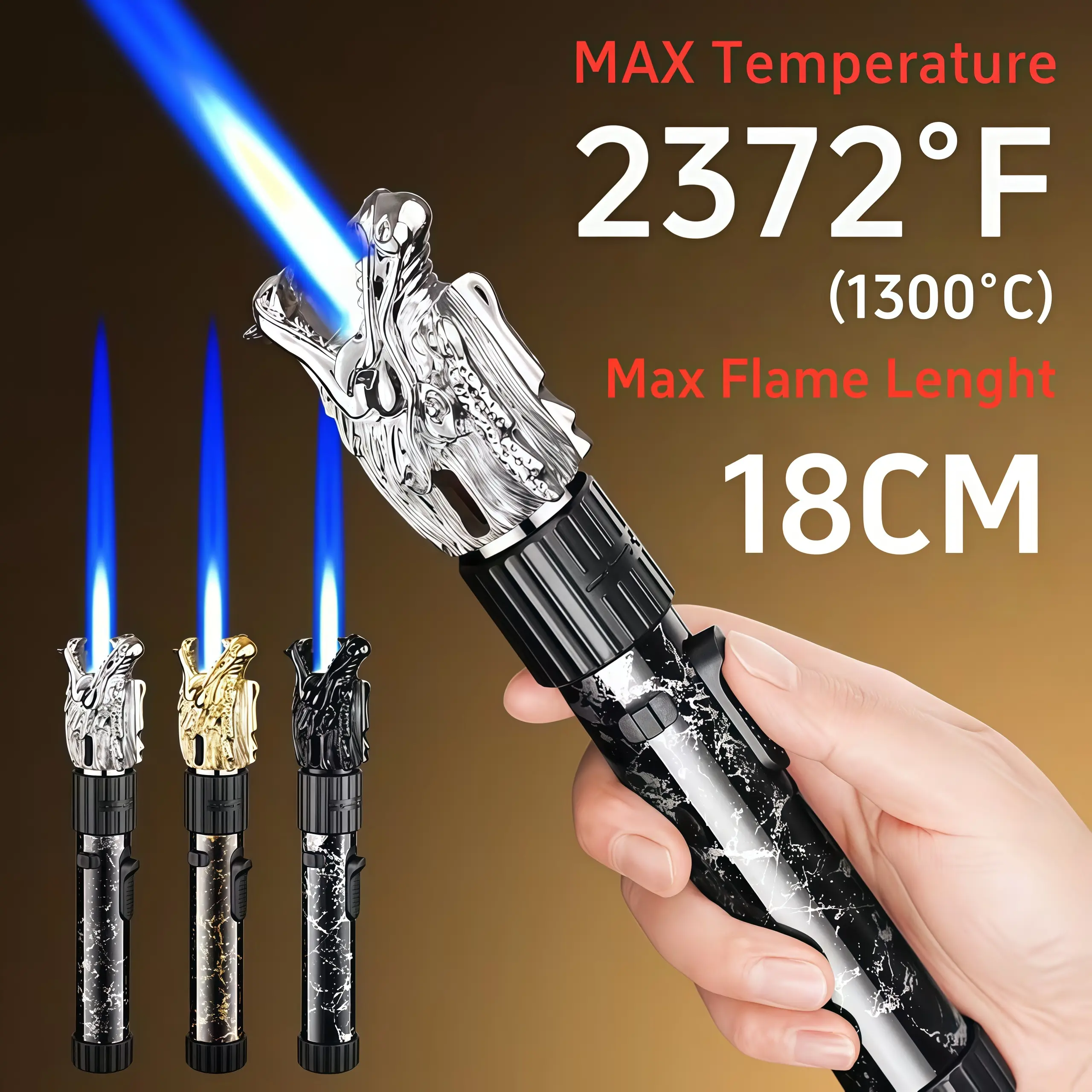Big Flame 7-In Kitchen Refillable Metal Torch Lighter With Safety & Flame Lock, New Creative Embossed Dragon Head High Temp Inflatable Blow Torch Outdoor BBQ Kitchen Lighter, Jet Lighter With Adjustable Flame [Not Included Butane]