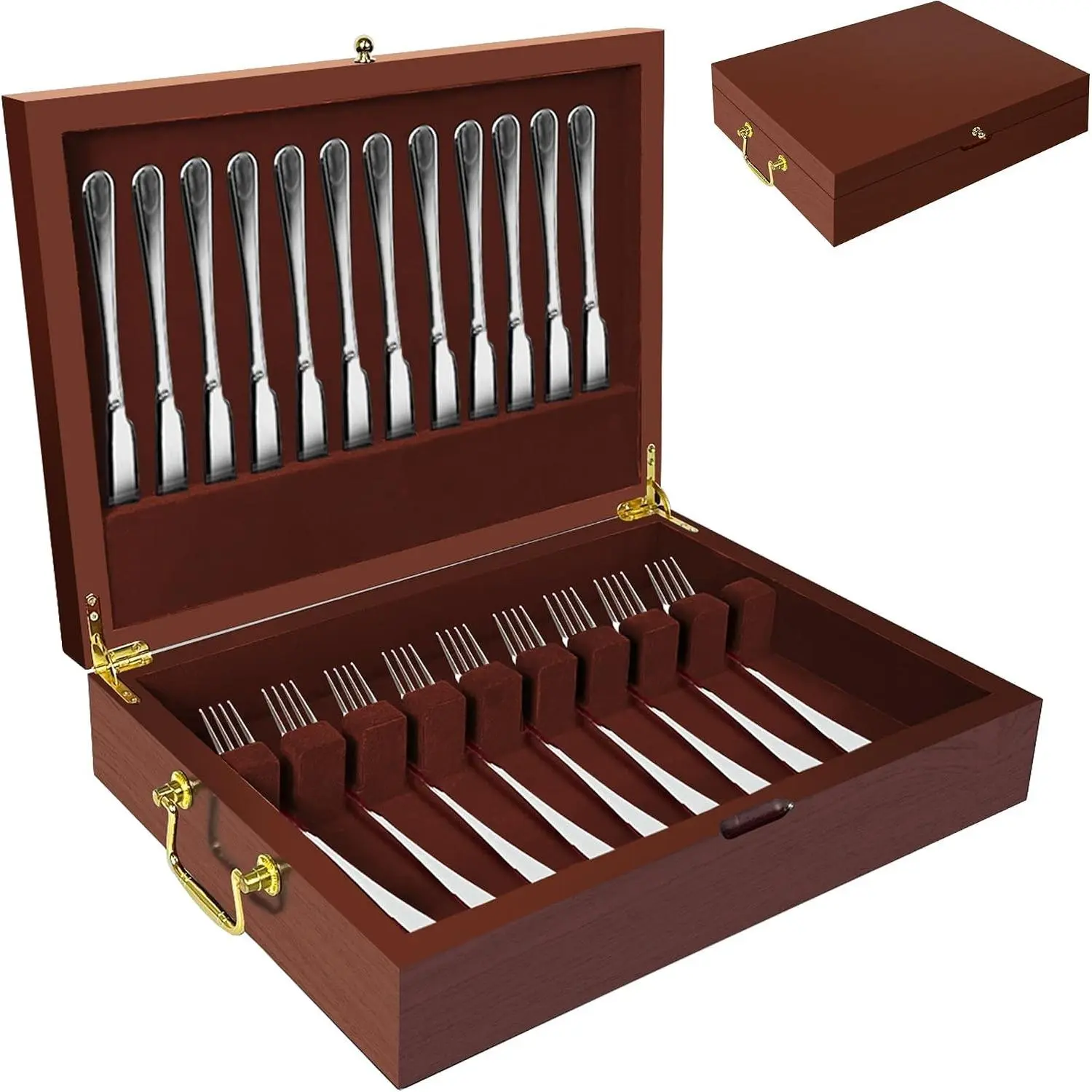 Silverware Storage Box Solid Wood with Lid, Felt Lined Organizer with Handle, Flatware Utensils Chest for 15 Place Settings, Home Decor Gift