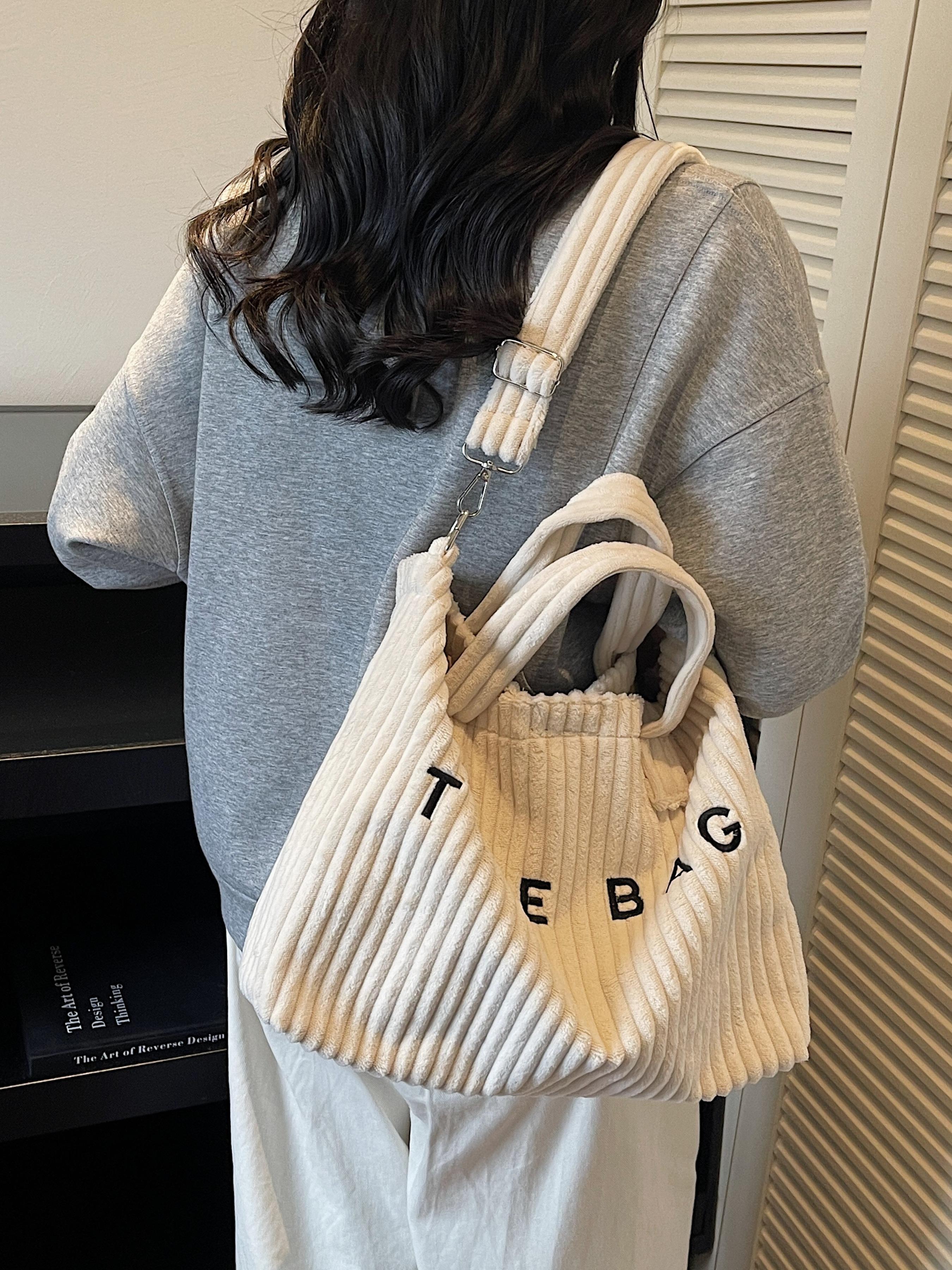 Large Capacity Corduroy Letter Design Handbag, Casual Fashion Shoulder Bag, Work & Daily Use, Everyday Bag, Stylish Tote Bag for Fall & Winter
