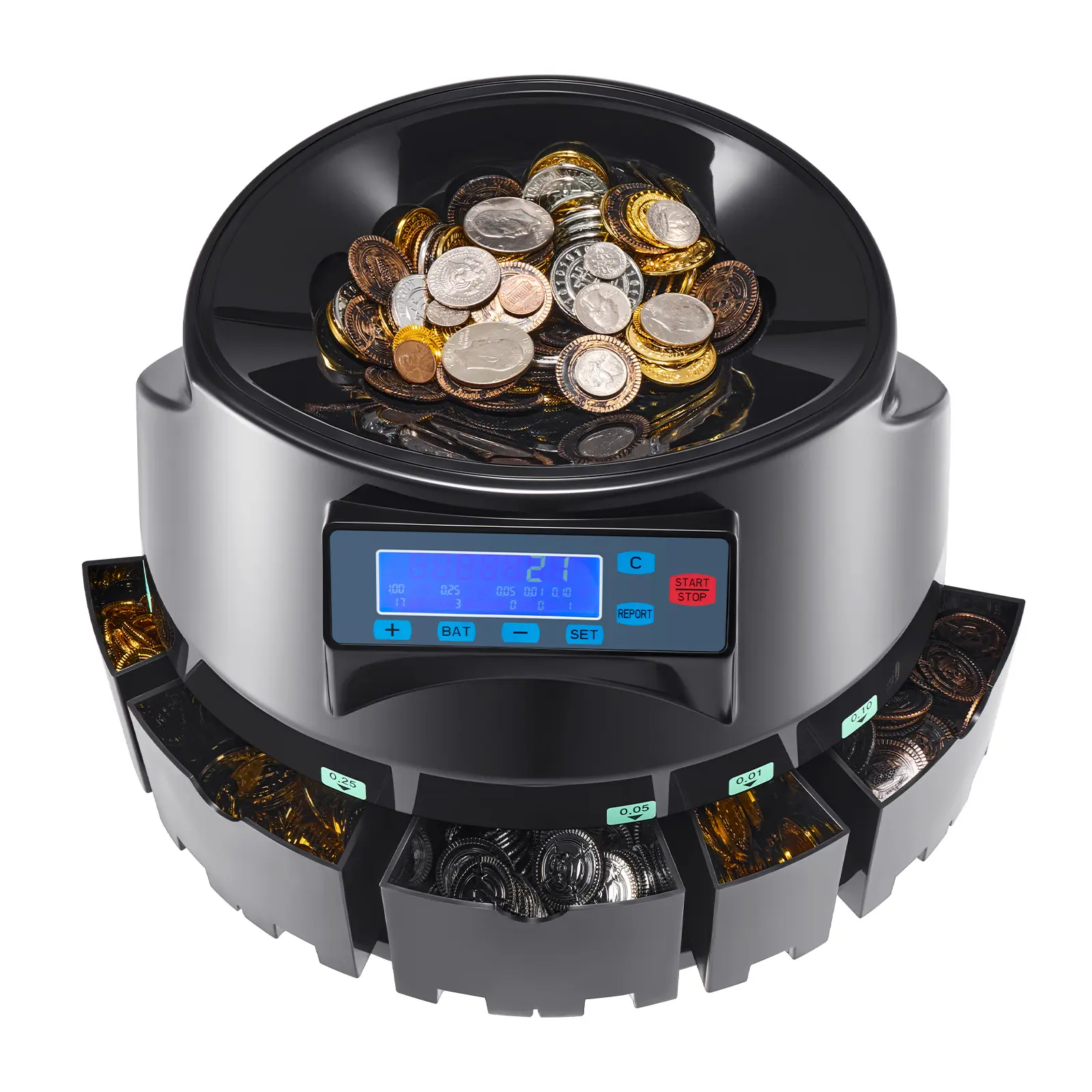 USD Coin Counter & Coin Sorters with LCD Display, Coin Sorter Machine for USD Coin 1￠ 5￠ 10￠ 25￠ $1, Sorts up to 300 Coins/min, Change Counter Holds 2000 Coins Included 5 Coin Bins & 5 Tubes