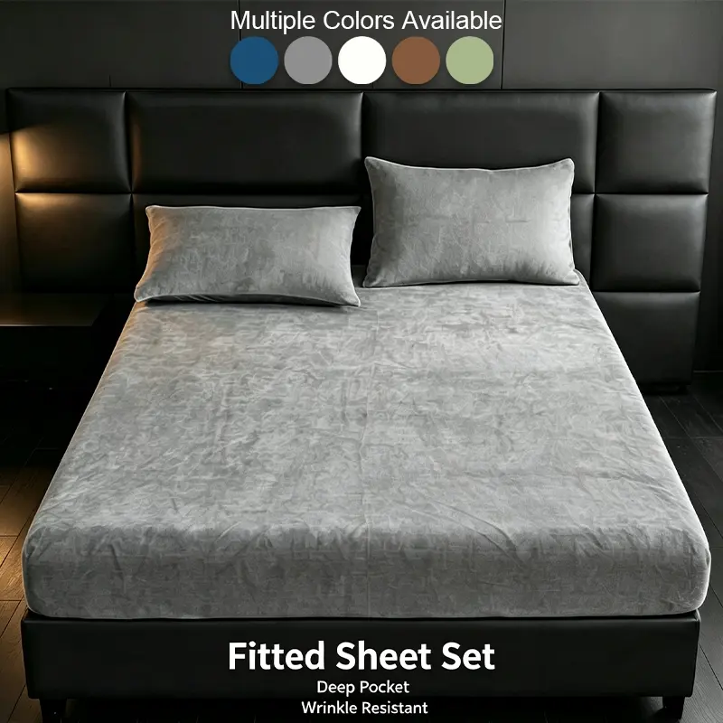 3‑Piece Plush Fitted Sheet Set Solid Color Warm Bedding With Deep Fitted Sheet and Pillowcases, Ideal for Autumn‑Winter Daily Bedroom Sleeping