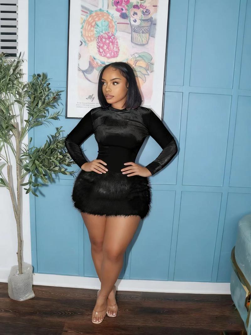 Women's Fashionable Sexy Slim-Fit Bodysuit & Plush Short Skirt Set, Stylish & Versatile Design Two-Piece Set for Autumn and Winter