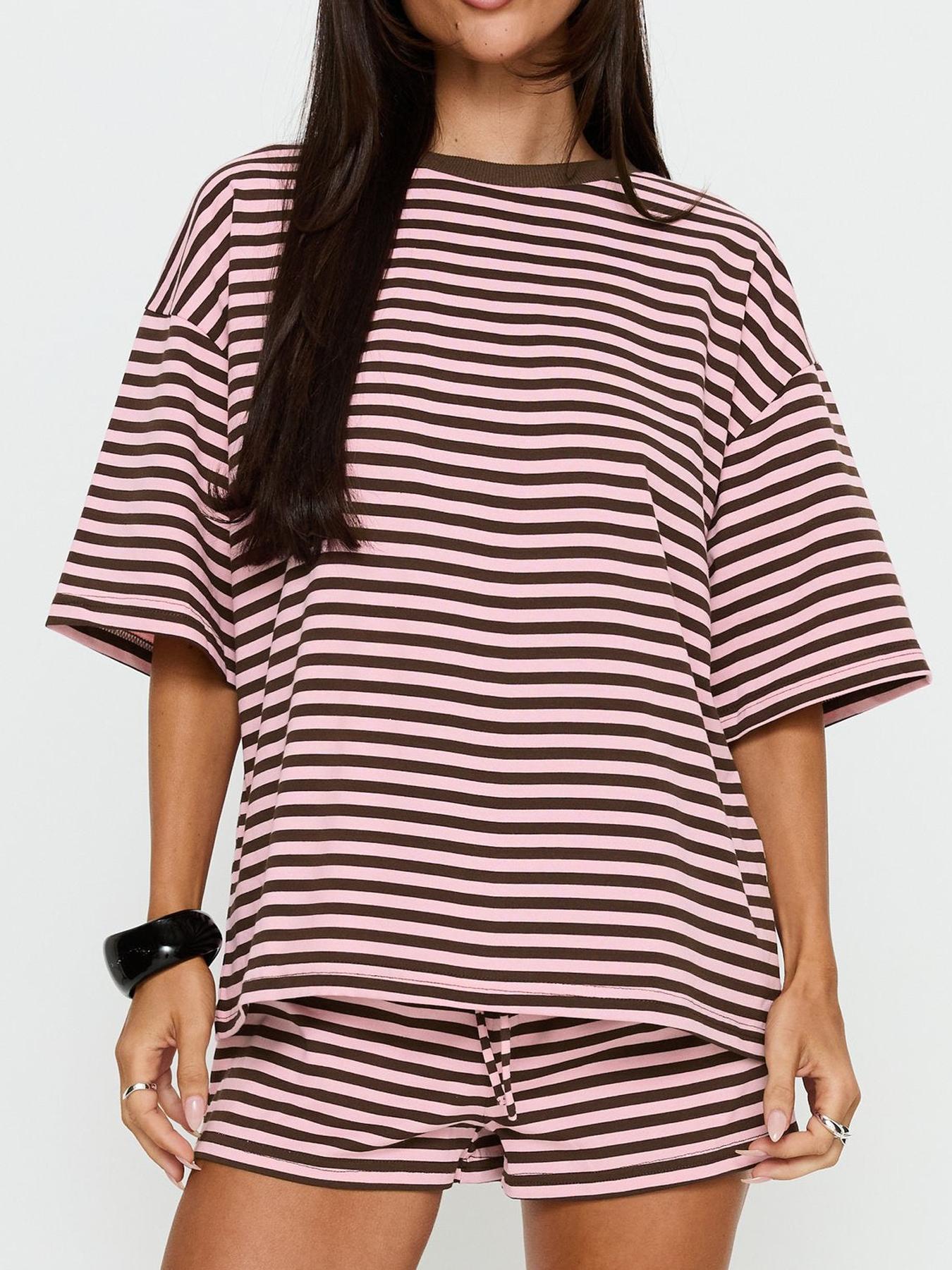 2 Spring Summer Striped Print 2 Piece Outfit Women Womenswear Clothes | Oversized T-Shirt + Drawstring Shorts | Soft Casual Lounge Set | Y2K Clean Girl Style for Daily Home Vacation Wear