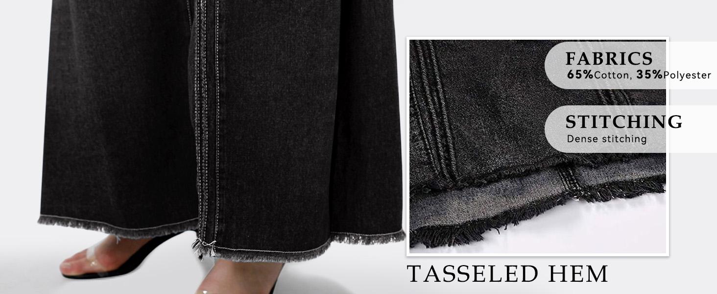 CHARTOU Women's A-line Long Denim Skirt Vintage Stretch High Waist Frayed Denim Skirt with Pockets Maxi Black