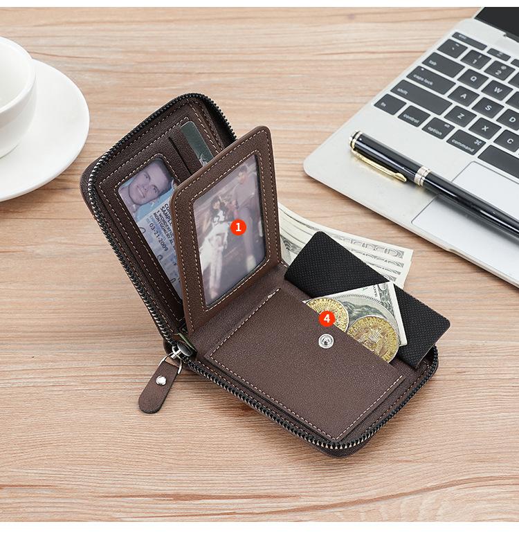 Men's  Zipper Short PU Leather Wallet Woven Tape Spliced Leather Vintage Purse Multifunctional and Multi Card ID Money Bag
