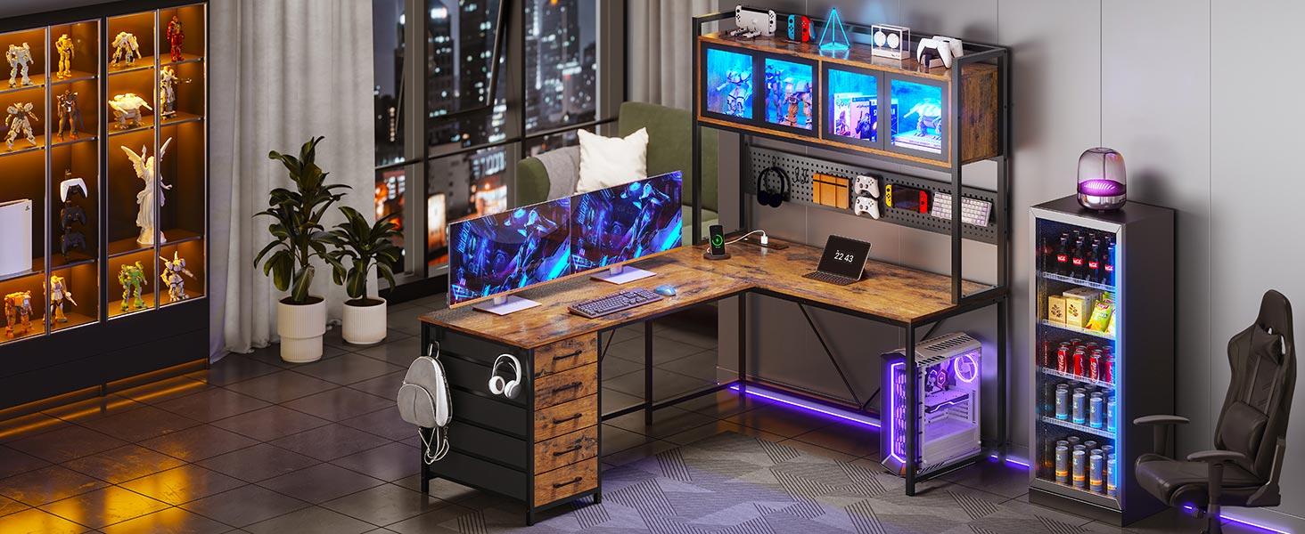 SEDETA L-Shaped Computer Desk with Storage Home Office Desk LED L-Shaped Gaming Desk with Storage