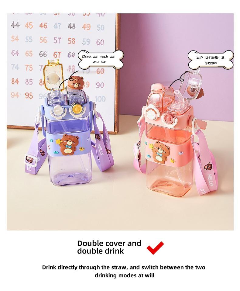 UFORU Cartoon pattern children's drinking cup 1 large capacity water bottle two drinking methods home office school drinking cup with straw lanyard children's gift Cute Tumbler Wide Mouth Set Reusable Drinkware Portable