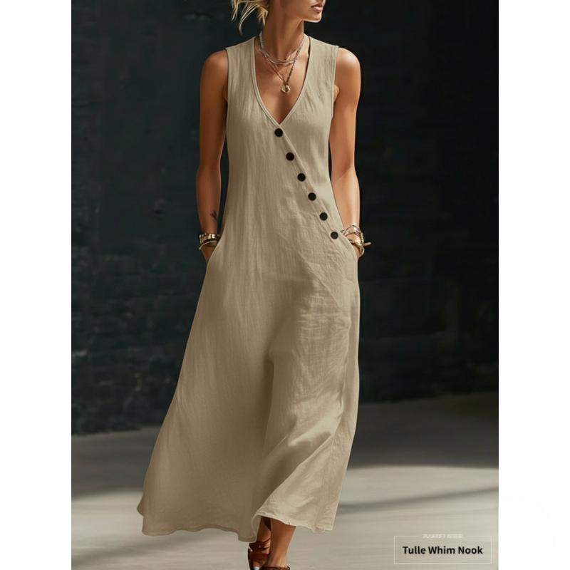 Women's Minimalist Basic Casual Sleeveless Solid Color Buttoned A-Line Tank Dress - New European/American Spring-Summer Normal Type Plus Size Elegant Womenswear, Xxl