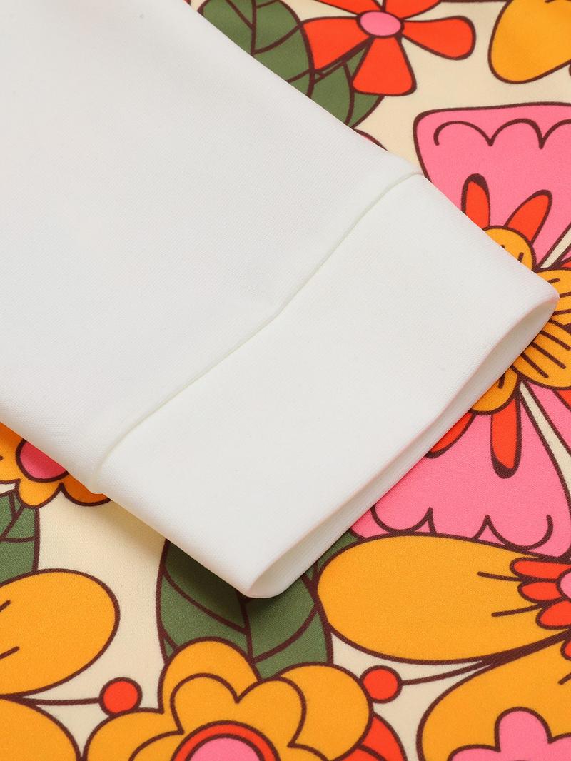 Orange 1960s Lapel Flowers Patchwork Dress Casual Boho Style Spring Holiday Floral Womenswear Holiday