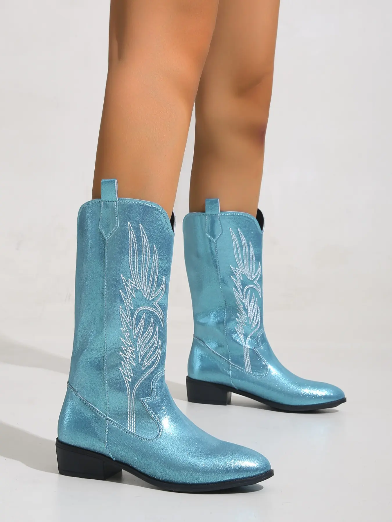 Women's Fall Winter New Glossy Metal Embroidery Western Cowboy Boots, Pointed Toe Thick Heel Mid-Calf Boots, Multi-Color Retro American Party Boots