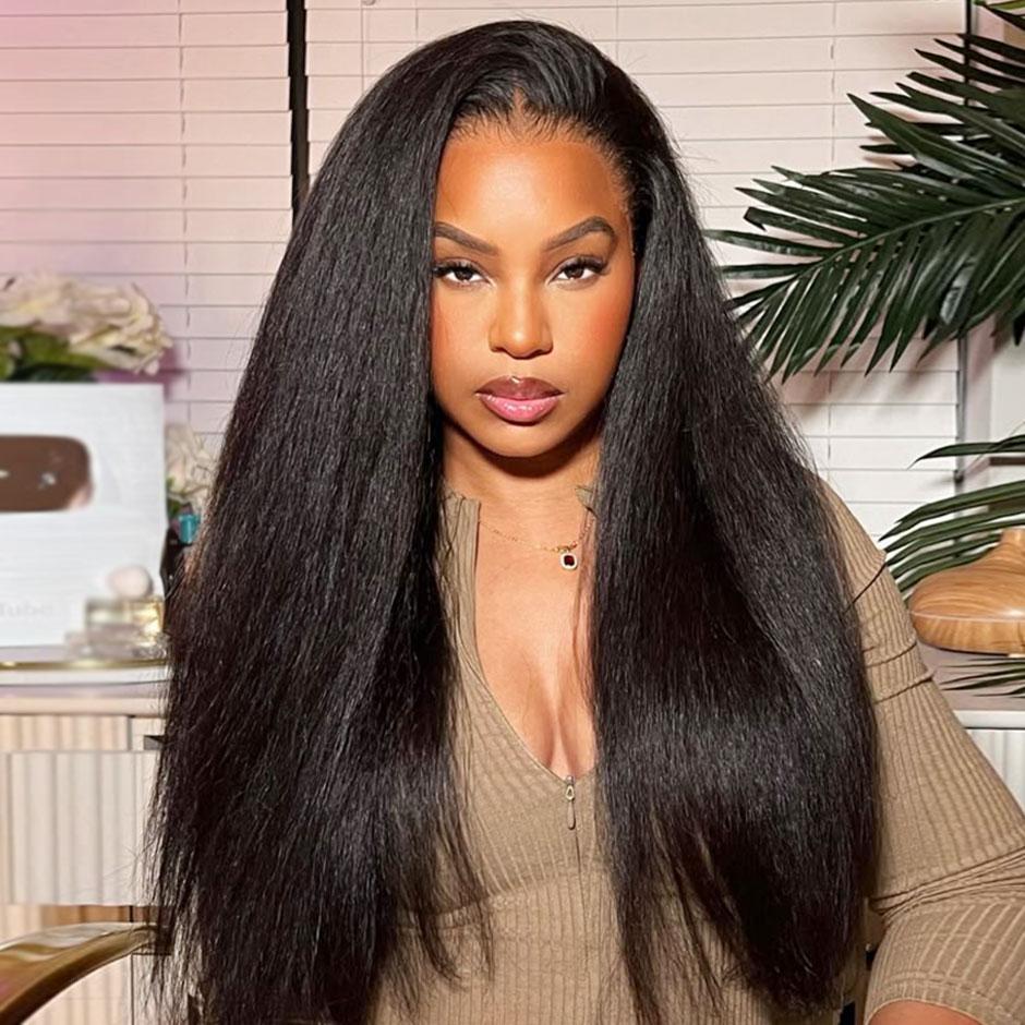 Moreface Beauty Kinky Straight Lace Front Wigs Human Hair Pre Plucked With Baby Hair 180% Density Yaki Straight 360 HD Lace Full Lace Wig