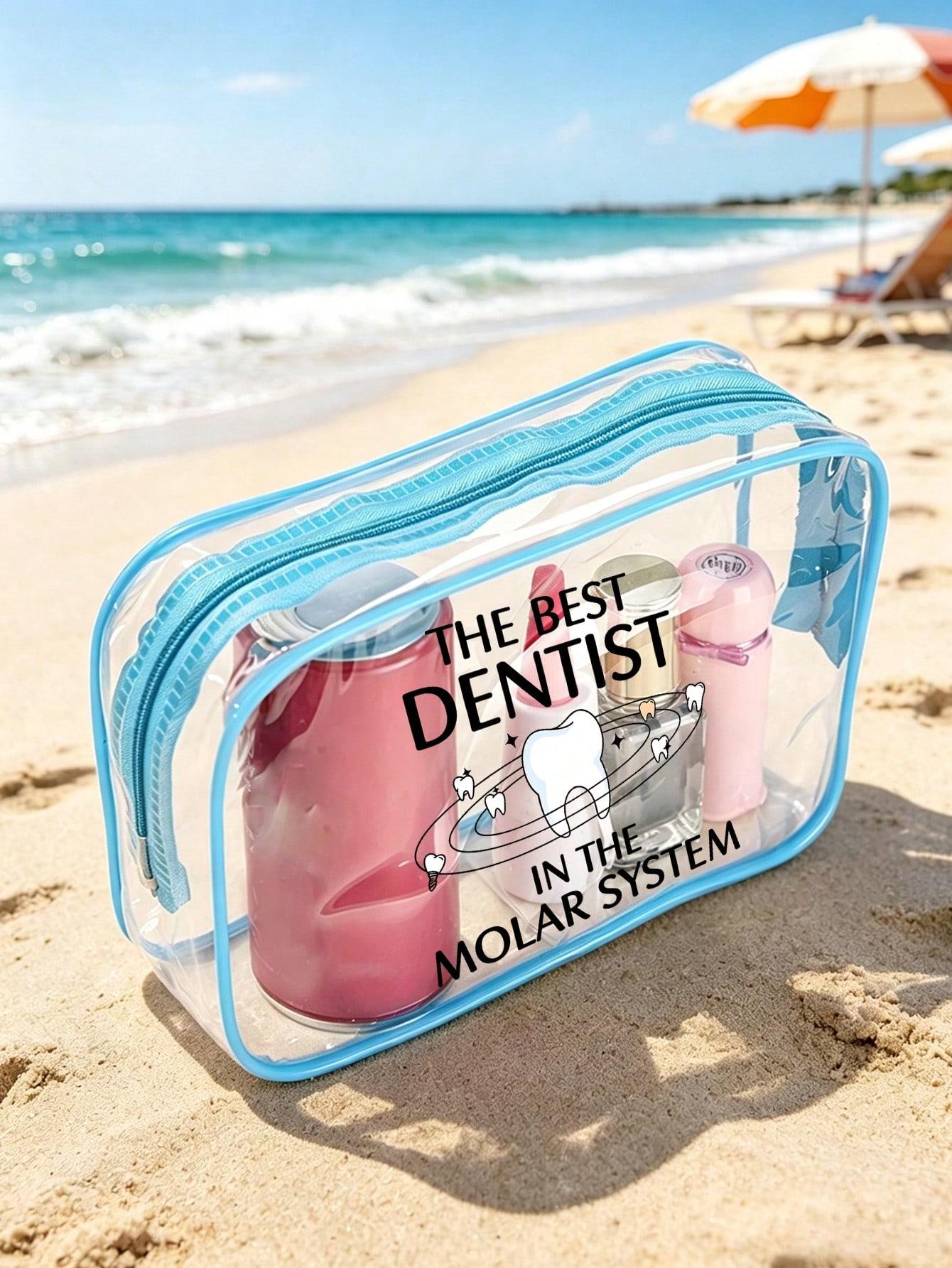 Clear PVC cosmetic bag with fun "Galaxy's Best Dentist" print. Waterproof and portable with zipper. Ideal for dentists, dental students and oral care lovers for work, travel and beach use.