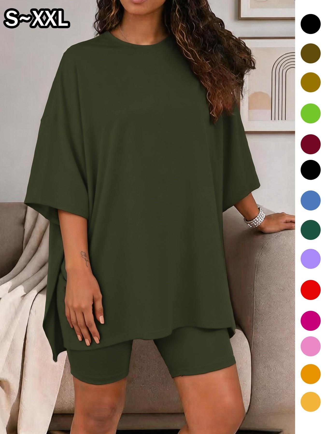 Women's Solid Color T-Shirt and Tight Shorts Set Loungewear, Summer Comfort Round Neck Pajamas, Casual Pocket Design, Suitable for Outdoor Wear