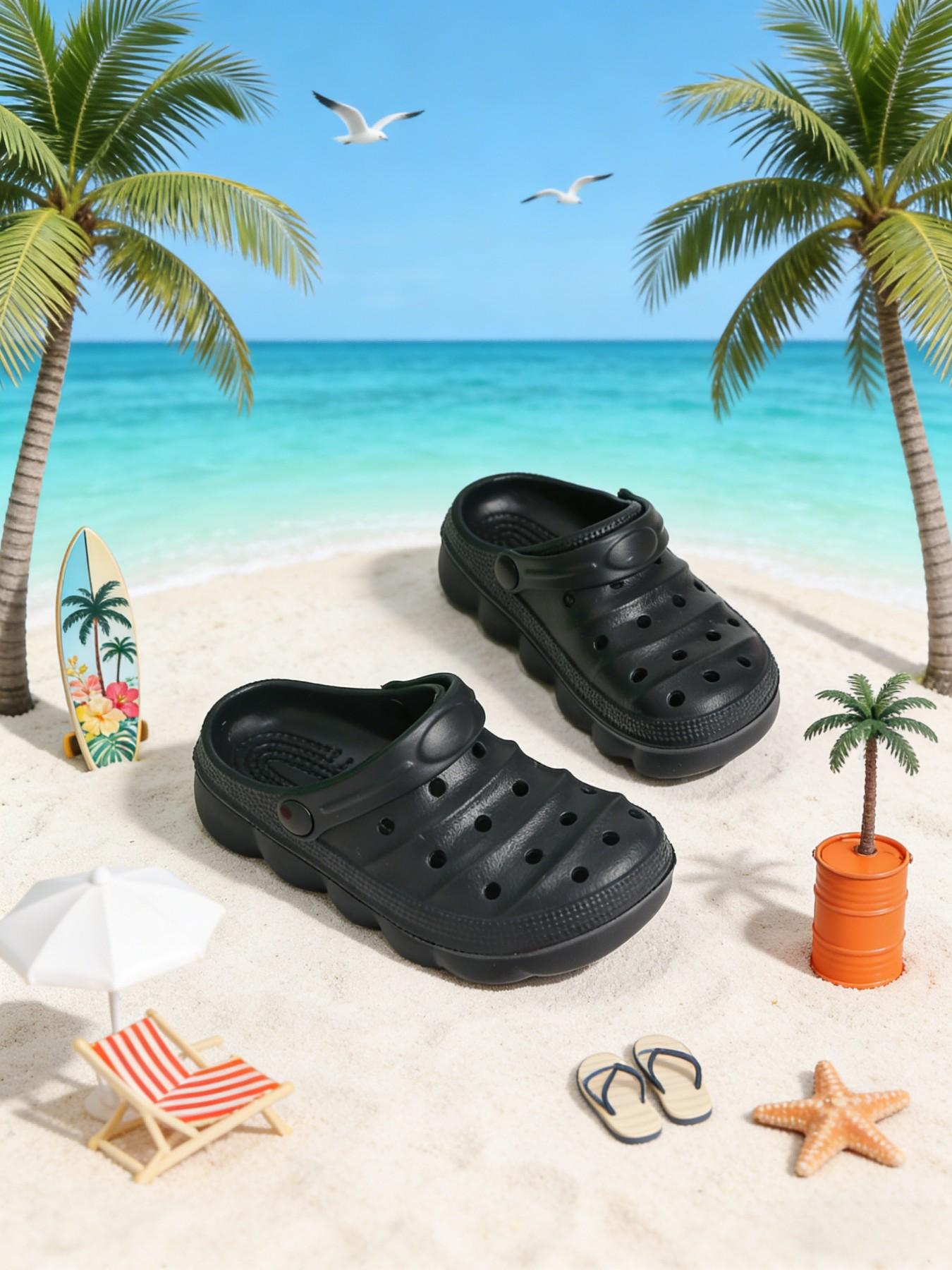 Summer New Pure Color Holey Shoes, Cute Thick Sole Anti-Slip Comfortable Breathable Closed-Toe Kids Sandals, Beach Resort Indoor Outdoor Slippers, Eva Slippers, Casual Beach Slippers