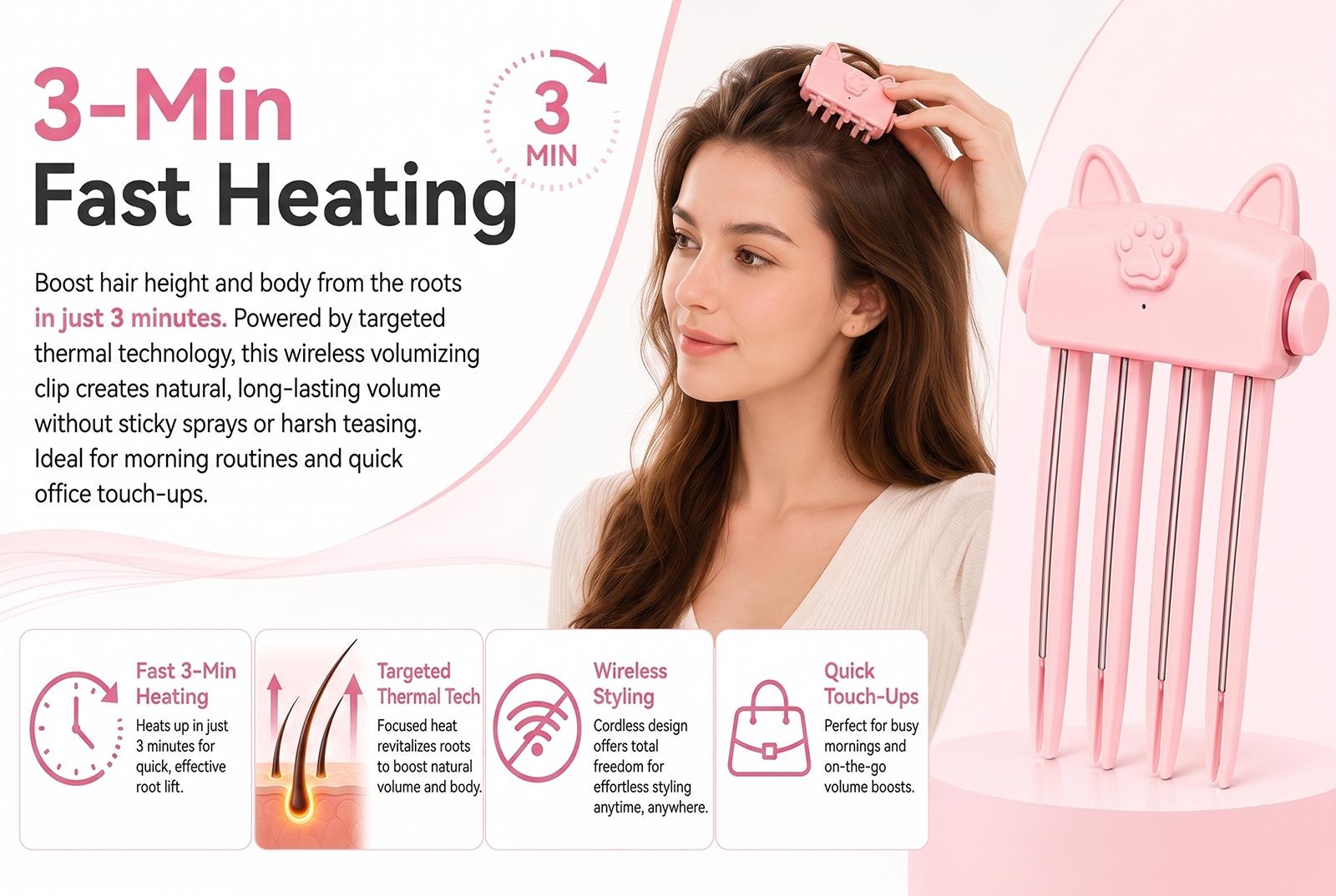 Heated Root Volumizer Clip, Electric Fluffy Hair Crown Lifting Styler Booster, Cordless Root Lifter Fine Flat Hair