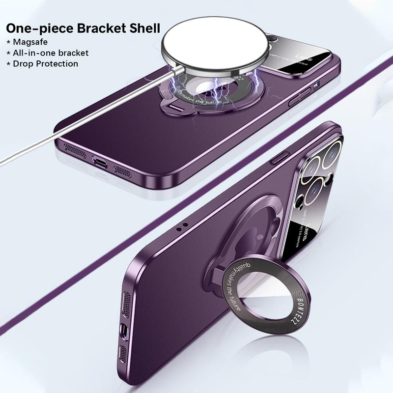 Luxury Slim Matte PC Bracket Case for iPhone 17 Pro Max 16 15 14 13 12 Magsafe Magnetic Ring Stand Case +Lens Protect Compatible with Magsafe, Window Glass Lens Camera Protector Magnetic Cover