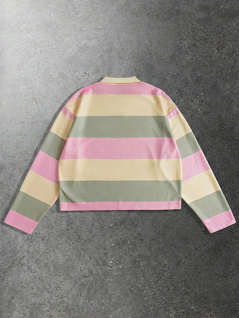 Men's Striped Polo Neck Long Sleeve T-Shirt, Casual Street Style, Spring & Fall Fashion, Fitted Sweatshirt, Unisex Design