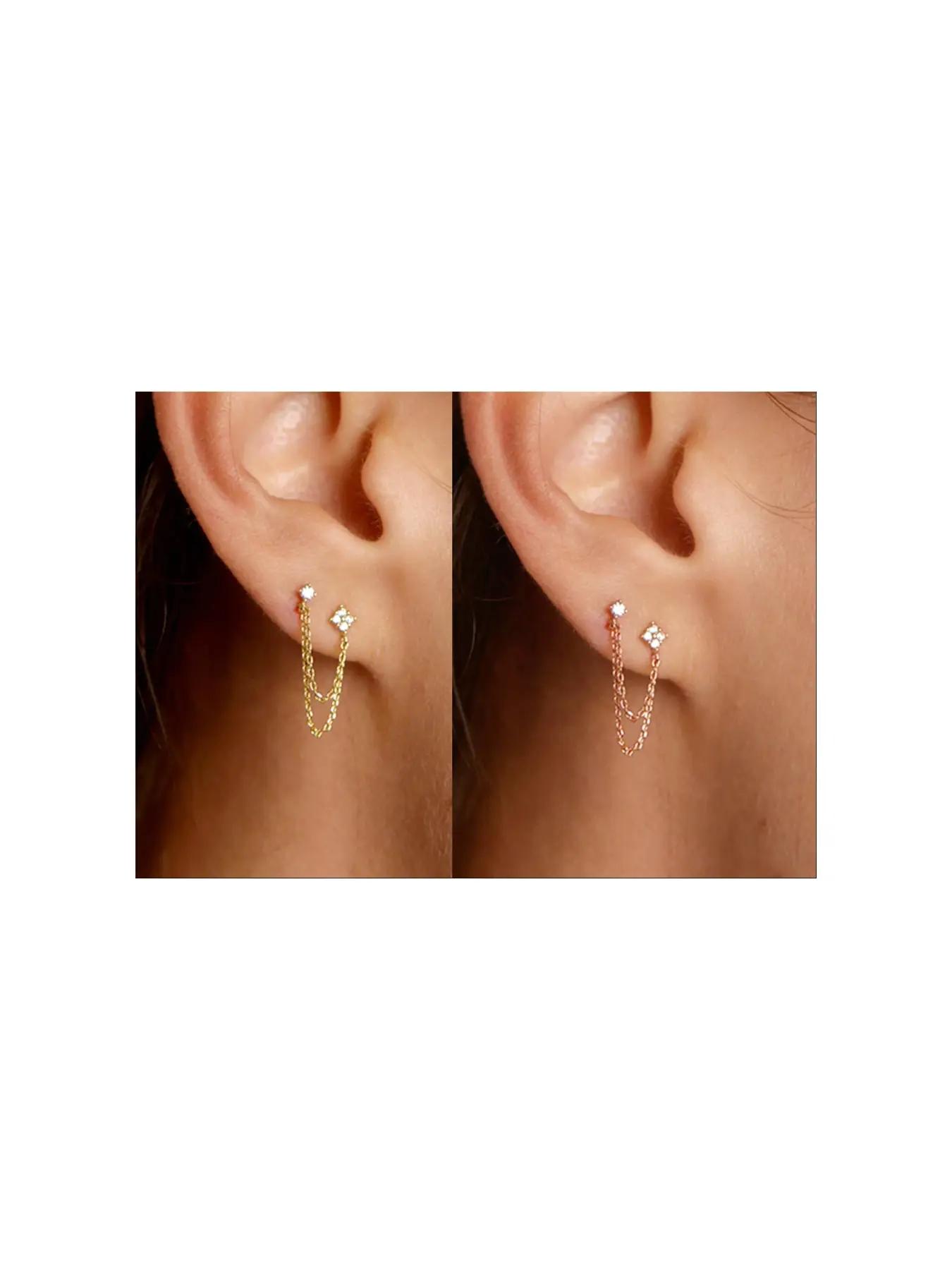 Rhinestone Decorated Double Layered Chain Dangle Earrings, Fashionable Earrings, High Quality Earrings