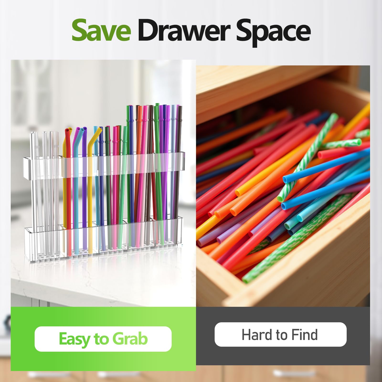 Straw Holder for Cabinet Door, 9.8” Adjustable Two-Part Large Acrylic Straws Organizer with Ultra Sticky Adhesive Strips, 2025 Reusable Straw Storage for Kitchen Drawer(Transparent)