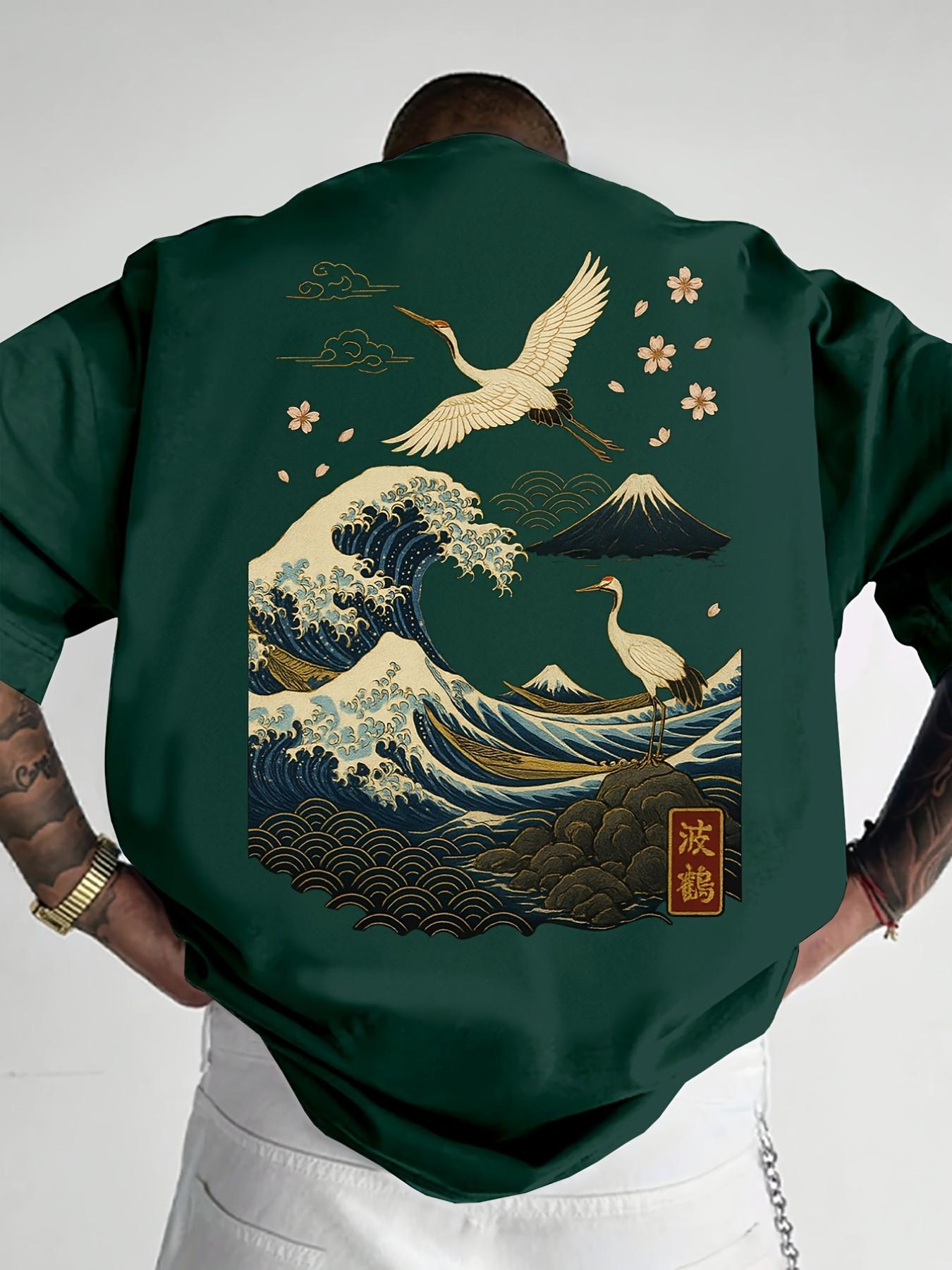 Men's Plus Size Loose Fit Round Neck Short Sleeve T-Shirt, Wave and Crane Print, Asymmetric Japanese Art Design, Beach Music Festival Daily Wear