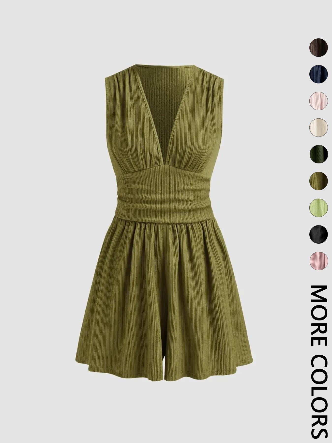 Women's Plain Ruched Deep V Neck Short Fitted Tank Romper, Elegant Sleeveless Romper For Summer, Fashion Casual Ladies Womenswear Clothes For Daily Wear