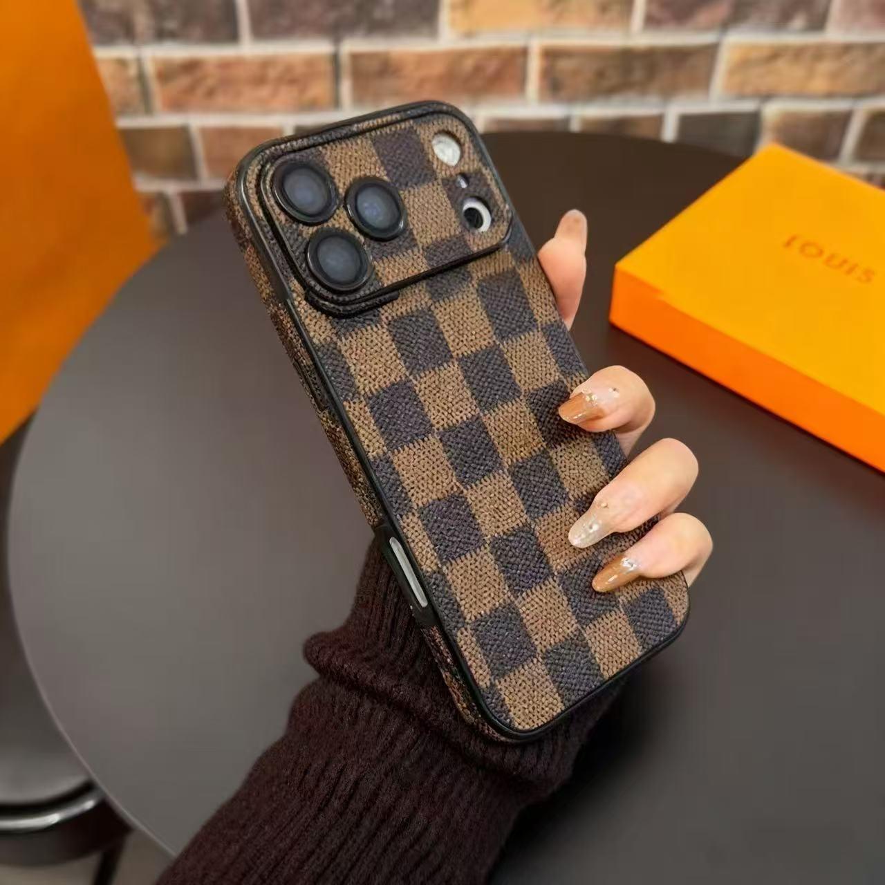 Luxury checkerboard phone case suitable for iPhone 17 Pro Max 16 15 14 13 Pro Max faux leather lens protection, streamlined design, precision molding, durable materials, technology enthusiasts, smartphone users
