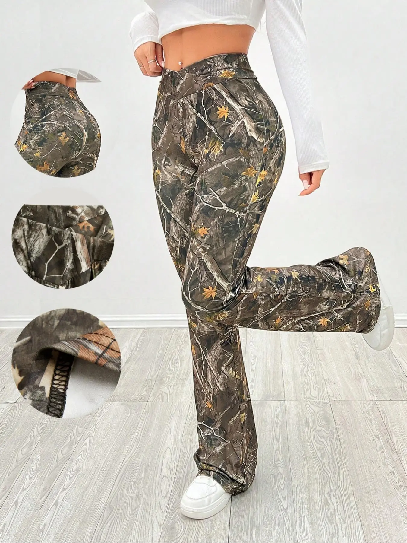 Women's Slim Fit Flared Bell Bottoms Trousers with Cross Waist Design, Comfortable Casual Pants for Everyday Wear, Trendy Camouflage Pattern, Casual Chic Bottoms, Camo Printed Pants