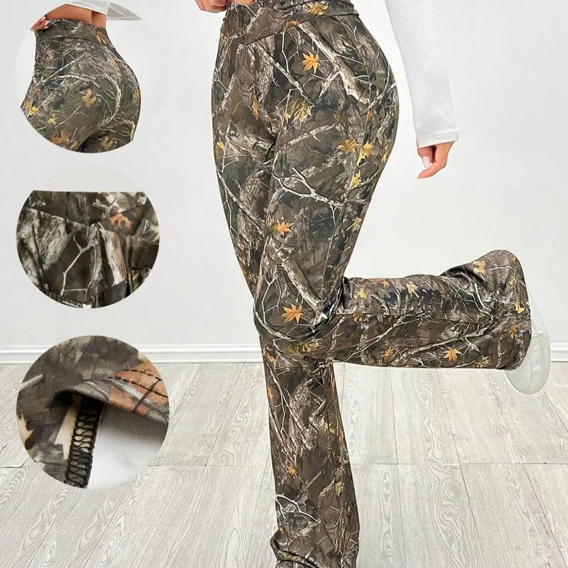 Women's Slim Fit Flared Bell Bottoms Trousers with Cross Waist Design, Comfortable Casual Pants for Everyday Wear, Trendy Camouflage Pattern, Casual Chic Bottoms, Camo Printed Pants