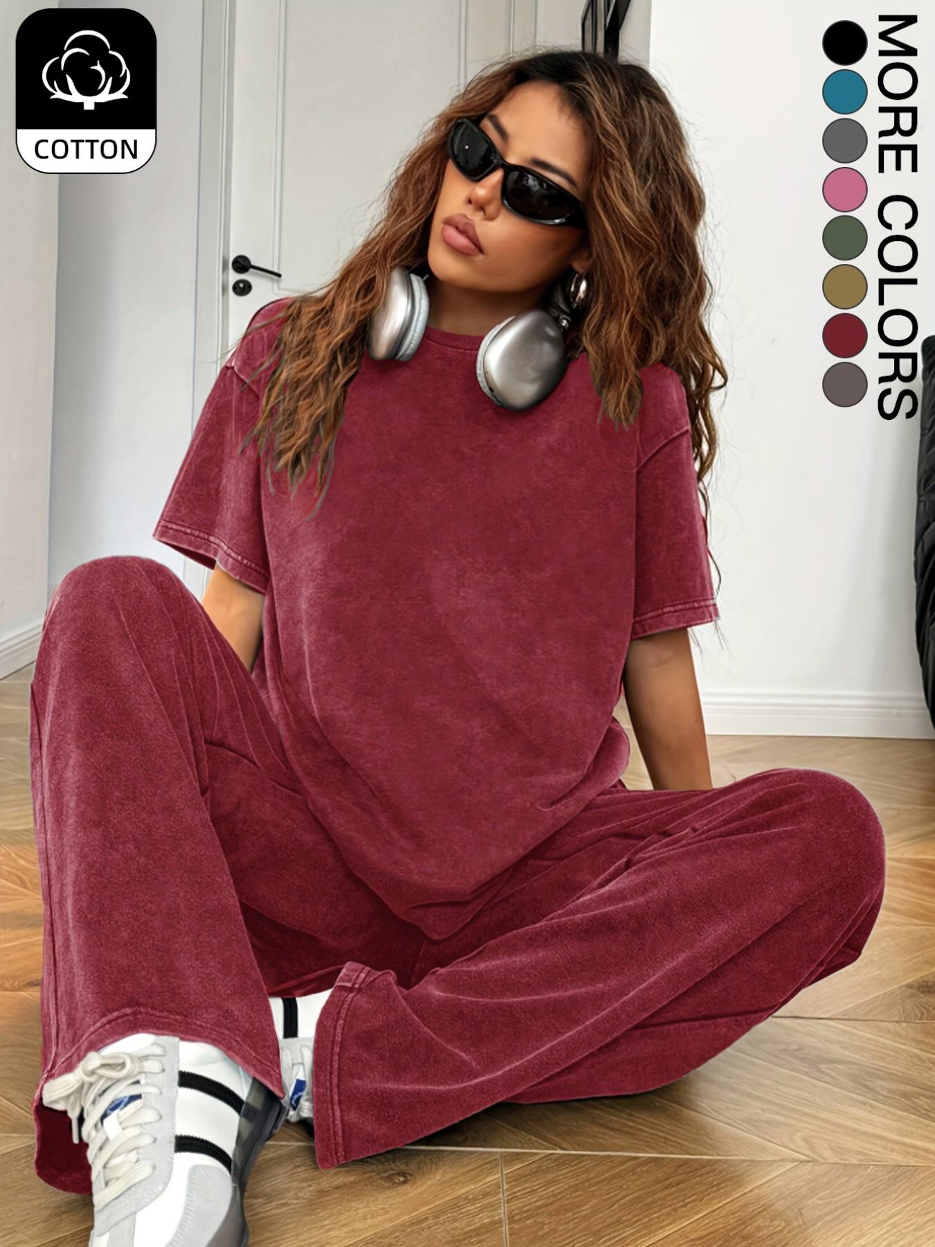 Women's Casual Everyday Acid-Wash Vintage Street-Style Soft Cotton Two-Piece Set, Loose-Fit Round-Neck Short-Sleeve T-Shirt and Wide-Leg Pants