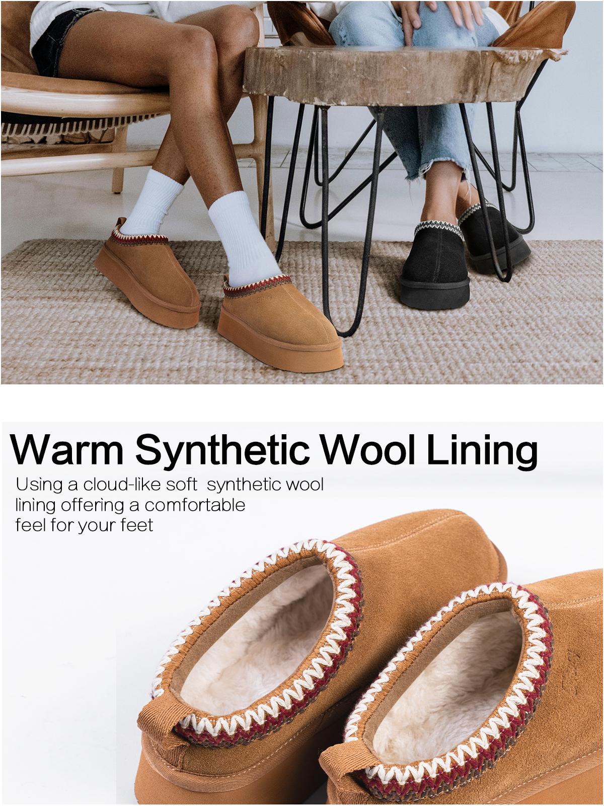 FITORY Braided Leather Outdoor Suede Slippers Women's Mini Platform Boots with Fluffy Fur Lining Short Ankle Boots for Autumn Winter 【Plz Size Up】