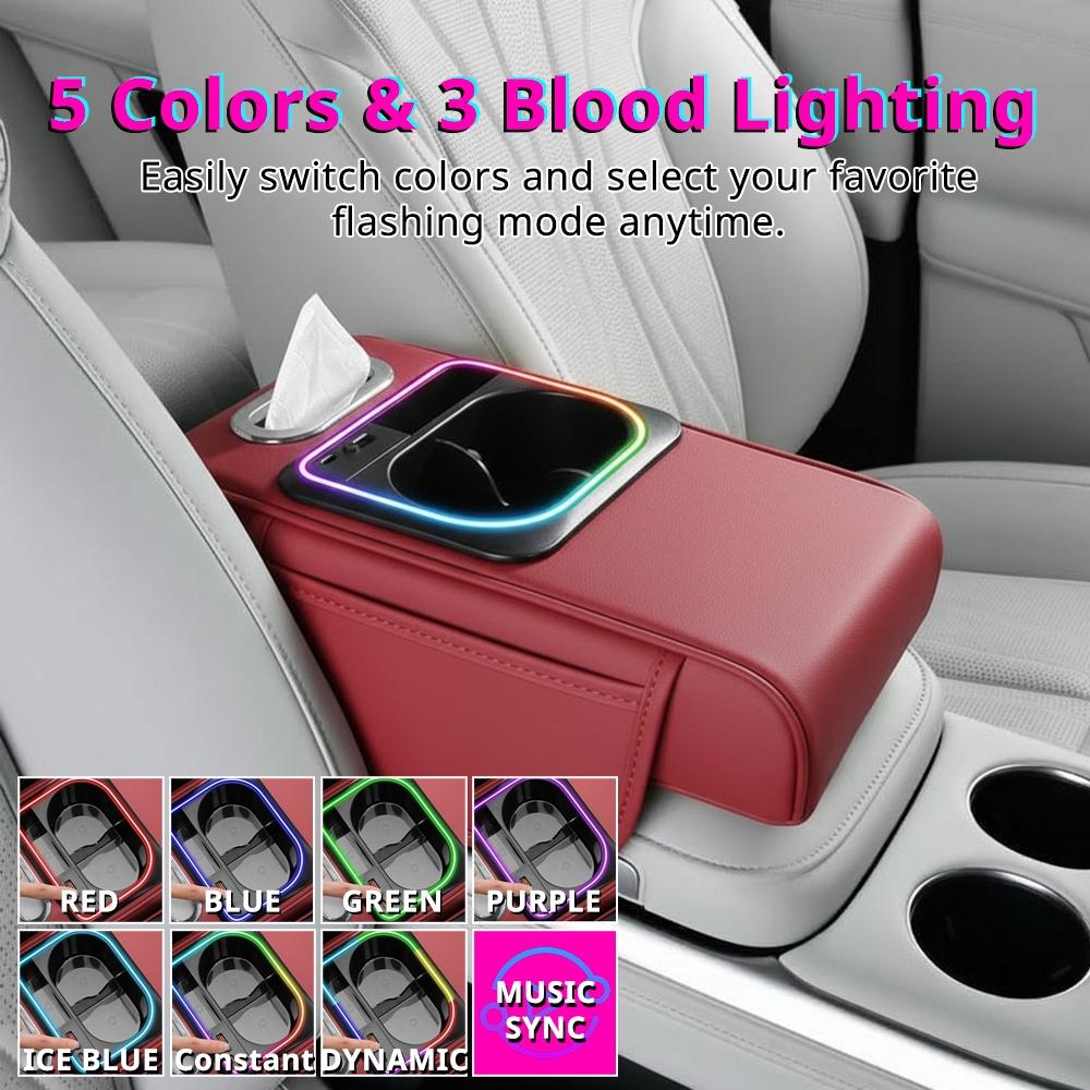 Car Multi-Functional Handrest Storage Cushion, Fast Charging Type C & Type a Dual Ports, Music Sync RGB Ambient Light, Easy Install, Car Armrest Box Accessories,  Car Console Organizer