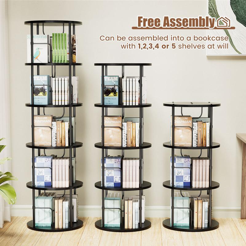Flycity Rotating Bookshelf,3 Tier - 5 Tier Spinning Bookshelf Tower,360° Display Floating Shelves,Floor Standing Corner Racks Furniture Storage Organizer Design Round Modern floating shelves Adjustable Height Chair
