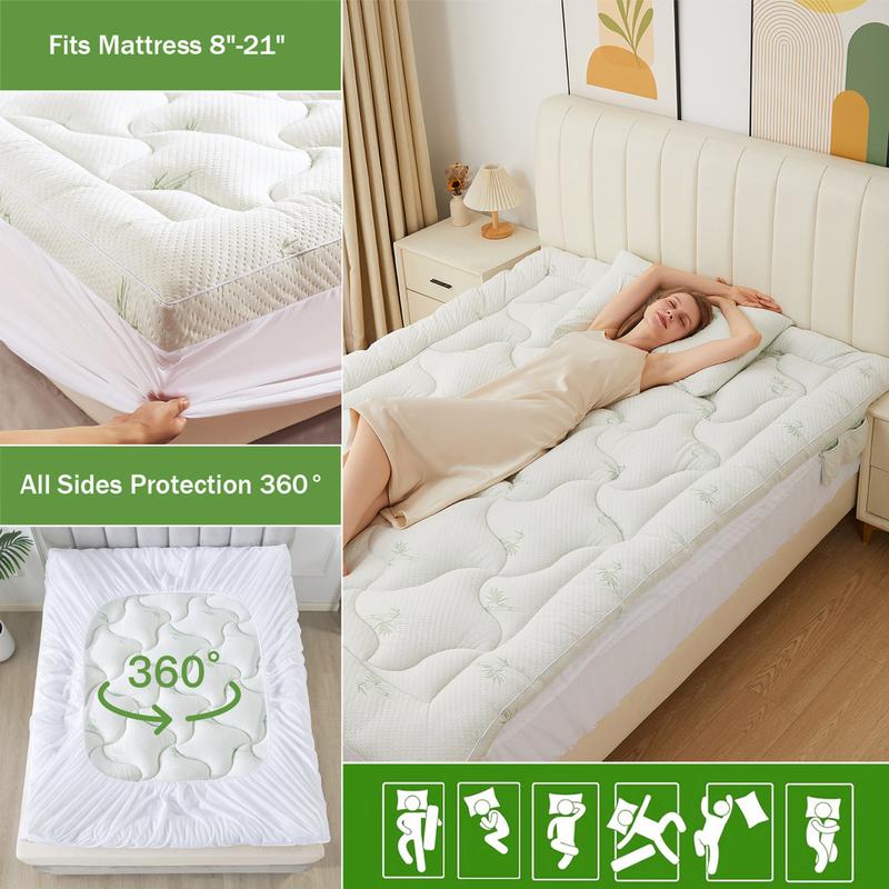 OBOEY Bamboo Mattress Topper, Waterproof Mattress Protector, 1000 GSM Quilted Fitted Mattress Pad with 1 Pillow Protector & Sleep Mask, Side Pocket, Breathable Fluffy Soft Mattress Topper with 8"-21" Deep Pocket