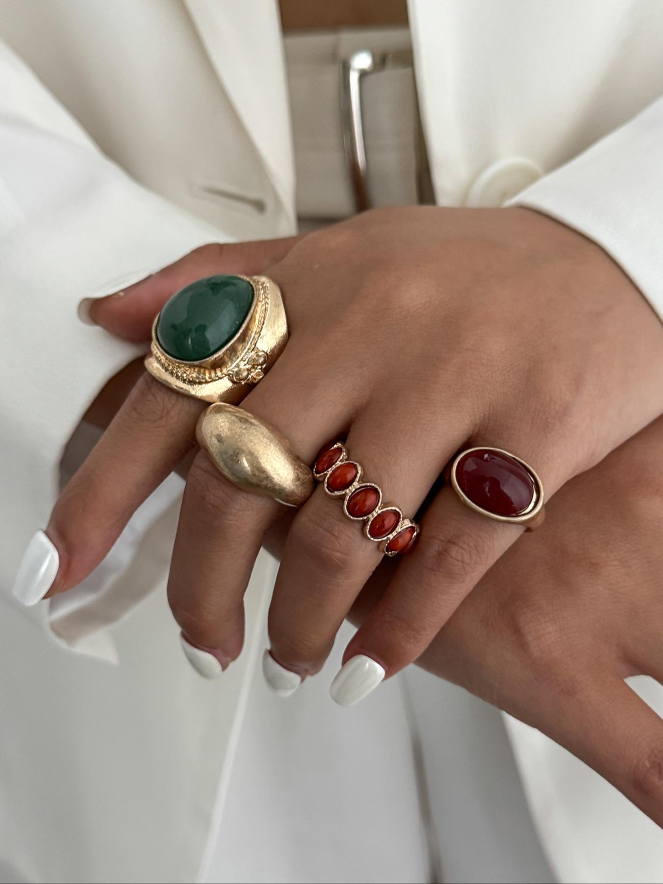 Women's Alloy Ring Set, Stackable Rings, Vintage Fashion Geometric Gemstone Inlay Jewelry, Perfect Gift for Women Daily Wear & Party Events
