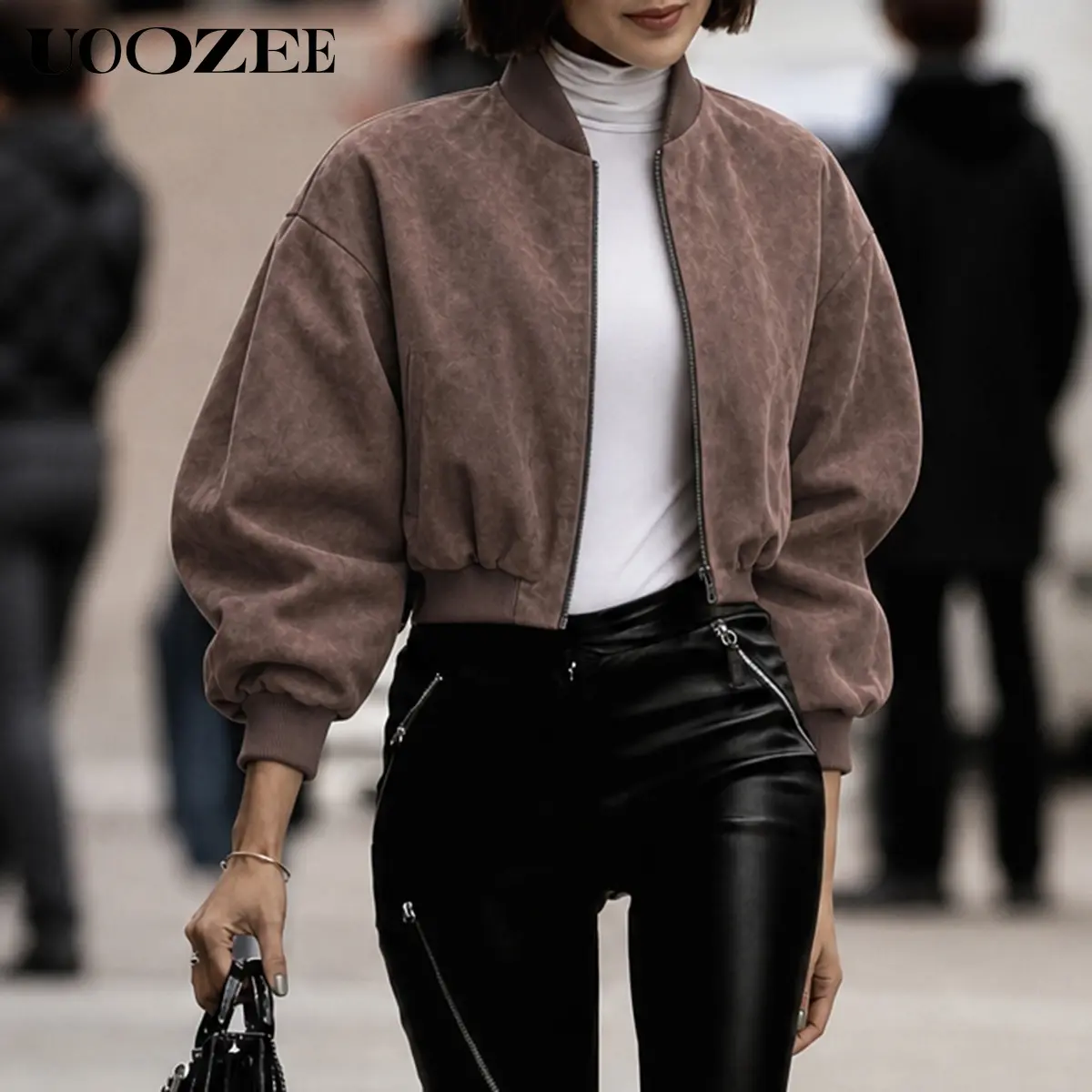 UOOZEE Women's Short Faux Suede Loose-Fit Full-Zip Cropped Bomber Jacket, Long-Sleeve Oversized Fall Winter Outerwear, Casual Streetwear Outfits Coat With Side Pockets