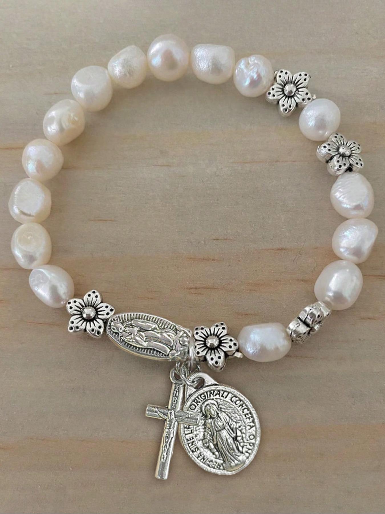Vintage Cross Saint Mary Pendant Faux Pearl Floral Elastic Beaded Bracelet, Unisex Casual Party Creative Jewelry for Men and Women Faith Wear Jewelry