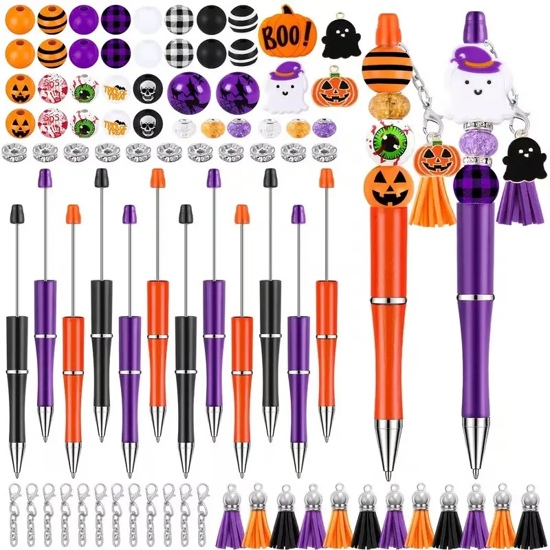 Halloween Beaded Pen, Plastic Beaded Pen with 12 Multicolor Silicone Beads, Halloween Pumpkin Bat Skull Witch Hat Pen, Office School Supplies